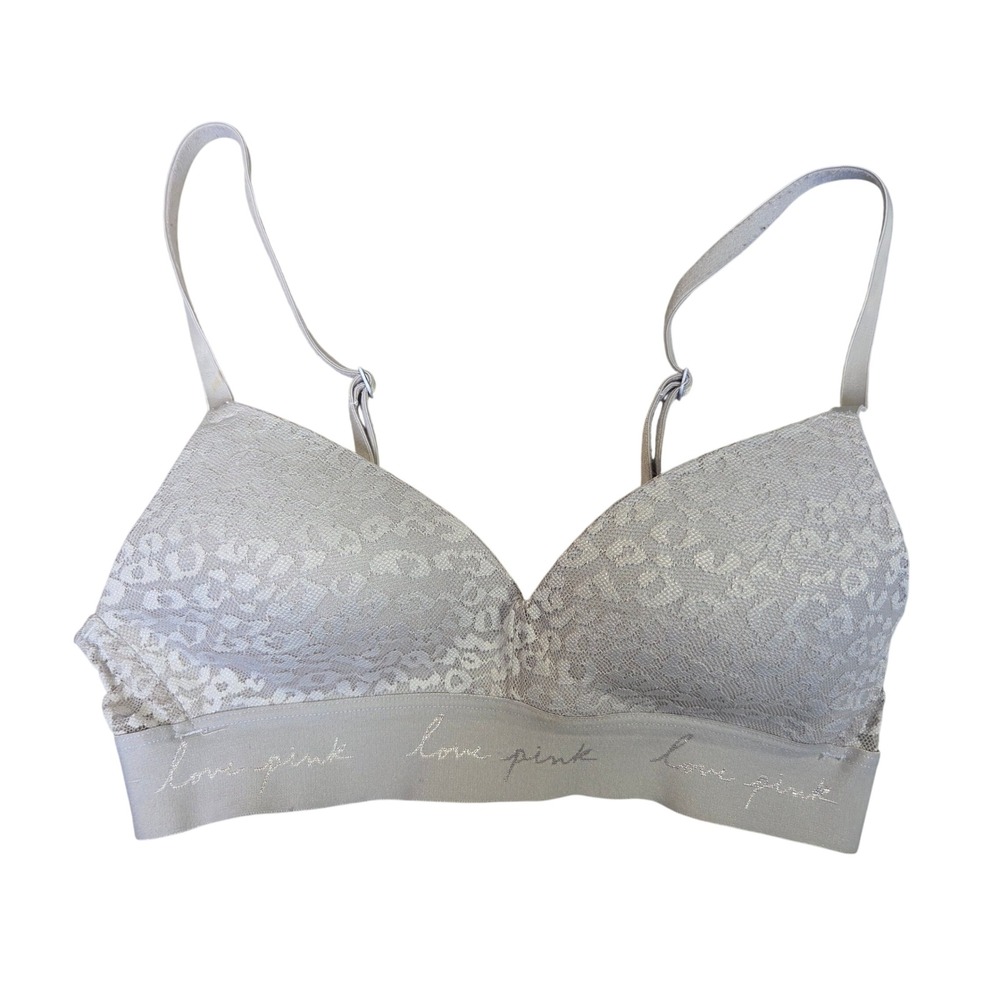 Victorias Secret PINK Leopard Lace Wireless Bra Taupe Gray Logo Band Small